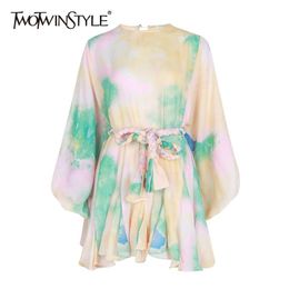TWOTWINSTYLE Hit Colour Print Dresses Women Long Sleeve O Neck High Waist Lace Up Female Dress Spring Casual Fashion 210806