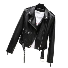 Fashion Womens Spring and Autumn Black Faux Leather Jacket Zipper Snake Print Coat Lapel Collar Motorcycle Jacket with Belt Pants