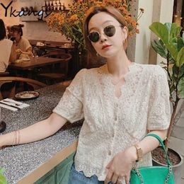 Vintage Sexy Floral Embroidery Blouses Women Summer Short Sleeve Lace Top Office Lady Korean Elegant Lace V-Neck Shirt 210619