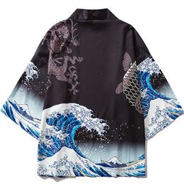 Black Kimono Cardigan Women Men Japanese Obi Male Yukata Men's Haori Japanese Wave Carp Print Coat Traditional Japan Clothing X0723