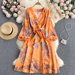 Neploe Grace Bow Bandage Slim Waist Ceremonial Women Robe V-neck Vintage Printed Midi Vestidos Mujer Puff Long Sleeve Dresses Y0726