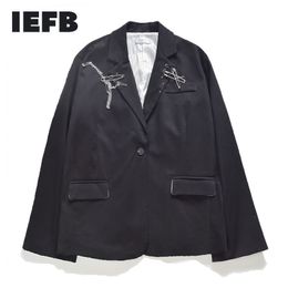 IEFB /men's wear streetwear korean fashion Small Suit Loose Handsome casual black blazers Chain pin decoration black coat 9Y1276 210524