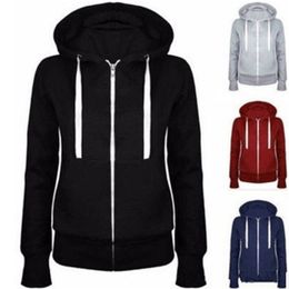 Solid Women Sweatshirt Hoodies Zipper Autumn Spring Fashion Casual Black Hooded Long Sleeve Coat Pullovers 210809