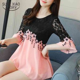 spring fashion long sleeved blouses lace patchwork women tops shirts chiffon plus size clothing D583 30 210427