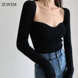 Autumn Knitted Sweater Low-Cut V-Neck Cropped Sexy Bottoming Slim Fit Pullover Solid Knitwear Female Jumper 211103