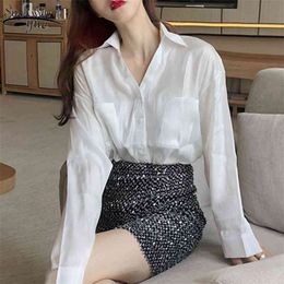 Arrivals Long Sleeve White Blouse Femme V-Neck Sexy Loose Cardigan Shirts Tops Women Office Lady Blouses Casual 12047 210427