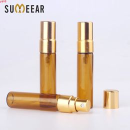 100 Pcs/Lot Trial Pack 5ML SPRAY BOTTLE Amber Refillable Perfume Bottle Gold Spray Atomizer Brown Cosmetic Container Casehigh qty