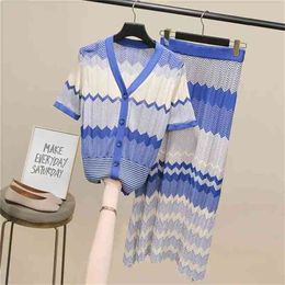 Runway Bohemian Hollow Out Knitted Women Suits Female Short Sleeve Top Midi Skirt Set Striped Sweater Suit Ladies Two-piece Sets 210519