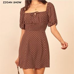 Vintage French style Adjust Collar Dot Print Elastic Waist Dress Short Puff Sleeve Mini Sexy Beach Women Holiday 210429