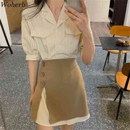 Women Tops Casual Striped Long Shirt Dress Split Mini Skirt Femme Roupas Two Piece Set Female Korean Chic Ropa Mujer 210519