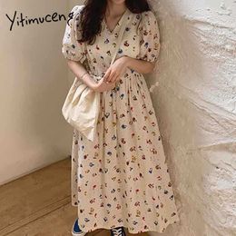 Yitimuceng Boho Floral Print Dresses for Women Oversize Midi Dress Short Puff Sleeve White Black Summer Korean Fashion 210601