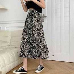 Fashion women's skirts summer style long are thin and cover the hips high waist floral pleated skirt 210520