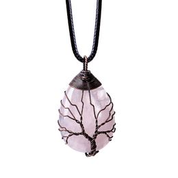 Natural Stone Crystal Drop-Shaped Wire Wound Lucky Tree Pendant Necklace Women Romantic Jewellery Choker Girlfriend gifts