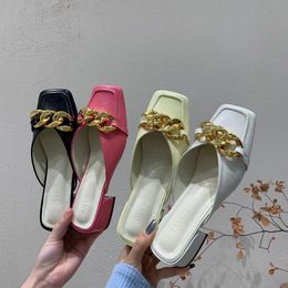 Arrivals Square Toe Thin Mid Heels Thick Heeled Slip On Shallow Slides Mules Shoes Metal Chain Outdoor Slides Pumps 210513