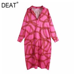 [DEAT] Red Women Loose Printing Long Sleeve Knee-length Turn-down Collar Elegant Dress Fashion Spring Autumn 13C356 210527
