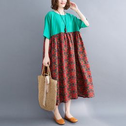 Johnature Summer Retro Dress Print Patchwork O-Neck Korean Loose Comfortable Half Sleeve Plus Size Women Dresses 210521