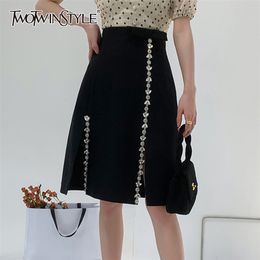 Patchwork Diamond Black Skirt For Women High Waist Solid Side Split Designer Knee Length Skirts Female Clothing 210521