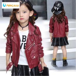children's pu jacket Girls motorcycle kid outwear solid color Zipper belt Faux Leather spring Autumn fashion 211011