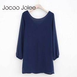 Jocoo Jolee Sexy Back Lace up Dress for Women Winter Warm O-Neck Solid Color Dress Long Sleeves Casual Loose Style 210619