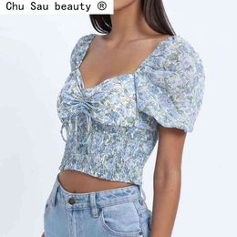 Summer Elastic Waist Top Folds French Vintage Pastoral Style Floral Puff Sleeve Short Shirt Women Fashion 210508