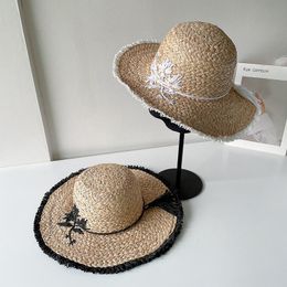 Wide Brim Hats Vintage Hand-embroidered Raffia Straw Hat Female Summer Big Dome Sunshade Sun Black White Travel Vacation Beach Caps