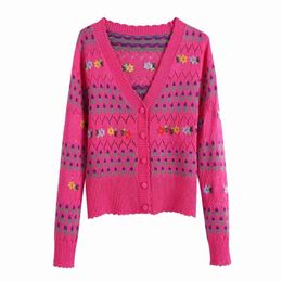 Women Flower Embroidery Crochet Knitting Short Sweater Female V Neck Long Sleeve Pullover Casual Lady Slim Tops SW1215 210430