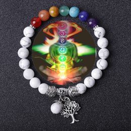 HQ Retro Tree Charms Seven Chakras Bracelet Black white turquoise Lava Stone beads Women Men Lover Energy Buddha Bracelets Jewellery