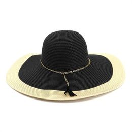 2021 women hats beach outdoor big brim 15cm chain elegant patchwork summer hats straw paper fascinator black white summer sun hats