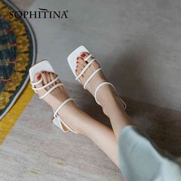 SOPHITINA Women Sandals Concise Green Narrow Band Genuine Leather Shoes Slip-On Open Toe Comfort Summer Casual Lady Shoes AO877 210513