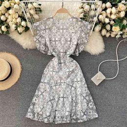 Women Fashion Summer Round Neck Ruffled Short Sleeve High Waist Thin A-line Dress Elegant Vintage Clothes Vestidos R458 210527