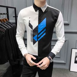 Korean Patchwork Casual Men Shirt Spring Long Sleeve Dress Camisa Masculina Club Party Streetwear Blouse Male Clothing 210527