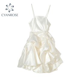 Summer Elegant Women Chiffon Spaghetti Strap Dress Ball Gown Temperament High Waist Draped Bow Sleeveless Party Lady 210515