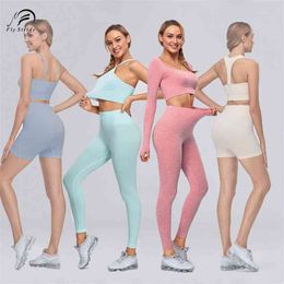 Seamless Tracksuit Women Yoga Set Sport Bra Gym Vest Long Sleeve Crop Top Workout Short Pants Fitness Leggings Bodysuit 210802