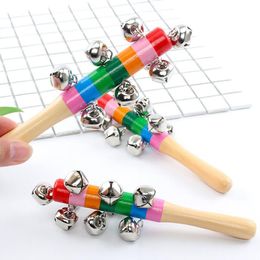 50pcs 18cm Party Favour Rattles Jingle Bells Wooden Stick style Rainbow Hand Shake Sound Bell Baby Educational Toy Children Gift