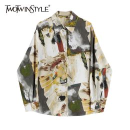 Vintage Hit Colour Shirt For Women Lapel Long Sleeve Casual Printed Blouse Female Spring Fashion Stylish 210524