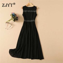 Fashion Women Summer Dress Runway Designers Sleeveless Embroidery Patchwork Midi Black Party Dress 210601