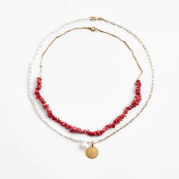 ZA 2 Pcs/Set Boho Red Natural Stone s For Women Bohemian White Pearl Metal Chain Asymmetry Necklace Jewellery