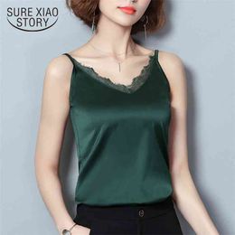 Fashion Sexy Lace Chiffon Women Camis Vest Slim V Collar Black Green Tank Sleeveless Female Blusa 0628 40 210506