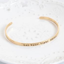 New Stainless Steel Positive Quotes Open Cuff Bangles Bracelets Gold Color Message "let Your Light Shine "16.7cm Long, 1 Piece Q0719