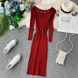 Women Sheath Dress Autumn Retro Hollow Slash Neck Solid Sexy Slim Long Sleeve Stretch Dresses Knitted Robe Femme 210430