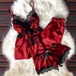 Sexy Vest Women's Pyjamas Suit 3-Piece Pyjamas Women's V-Neck Eyelash Lace Splicing Sexy Satin Vest Sling Bow Shorts Suit X0526