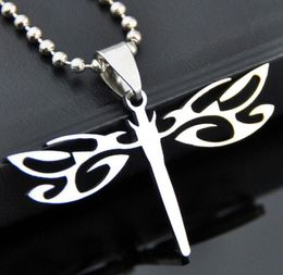 Fashion men and women stainless steel Hollow Dragonfly Pendant titanium Jewelry Free choice bead Necklace Leather rope Cross chain