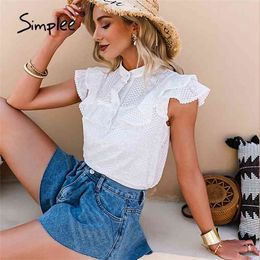 Simplee Elegant casual solid ruffled lace women blouse spring Embroidery button band collar shirt female fashion summer top lady 210323