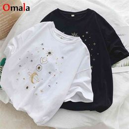 women's t-shirts Fashion star embroidery korean casual T Shirt Women loose Short Sleeve T-Shirt O-neck white Black Top Female 210324