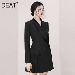 spring and autumn fashion women clothes full sleeves pleated double breasted black wine red suit dress WP85301 210421