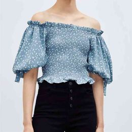 Women Summer Print Blouses Shirts Tops Half Sleeve Off shoulder Elastic bust Female Vintage Street Top Smock Tunic Blusas 210513