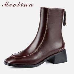 Meotina Women Short Boots Shoes Real Leather Chunky Heels Ankle Boots Zip Square Toe Mid Heel Boots Female Autumn Winter Black 210520