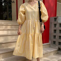 Korejpaa Women Dress Korea Chic Summer Retro Sweet V-neck Pleated Loose Lantern Sleeve Plaid Dress Long Simple Skirt Female 210526