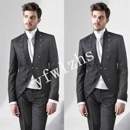 Handsome Double-Breasted Groomsmen Mandarin Lapel Groom Tuxedos Man's Suits Wedding/Prom/Dinner Man Blazer(Jacket+Pants+Tie) K520