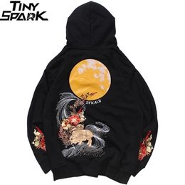 Men Hip Hop Hoodie Sweatshirt Embroidered Floral Full Moon Rabbit Harajuku Streetwear Pullover Cotton Autumn Hipster 211230